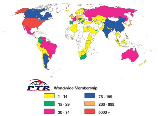 Carte des enseignants de tennis membres de la professional tennis registry à travers le monde